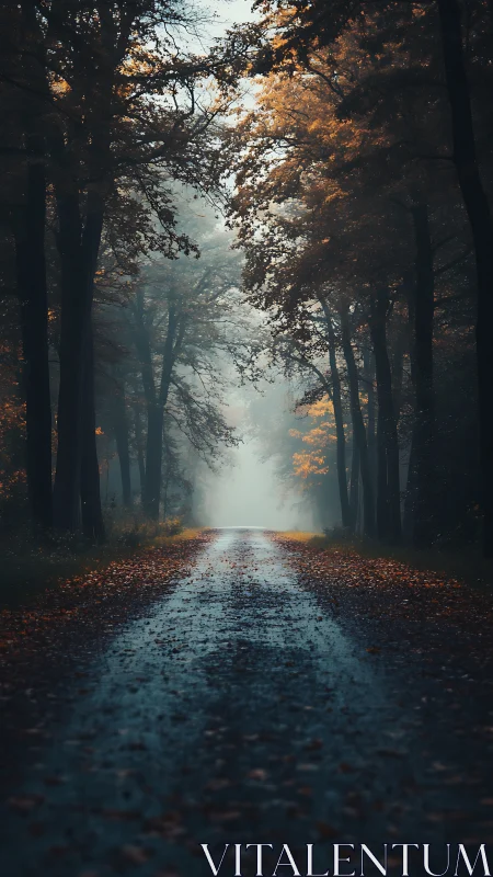 Moody Autumn Forest Path with Misty Perspective and Golden Foliage.