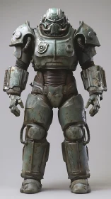 Battle-worn green power armor suit stands in studio lighting