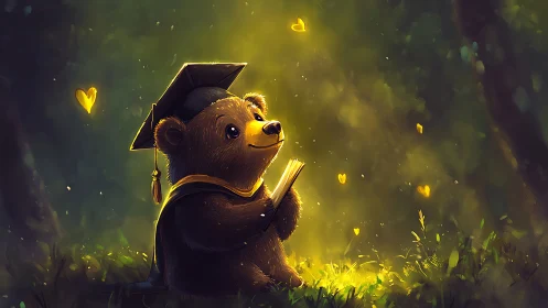 Graduation bear reading in forest with glowing hearts.
