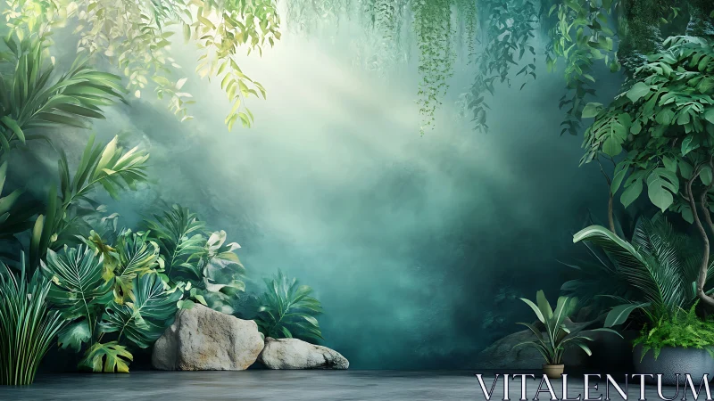 Lush indoor jungle scene with rocks and soft light beams.