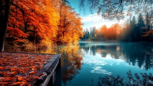 Peaceful autumn lake with glowing trees and quiet dock.