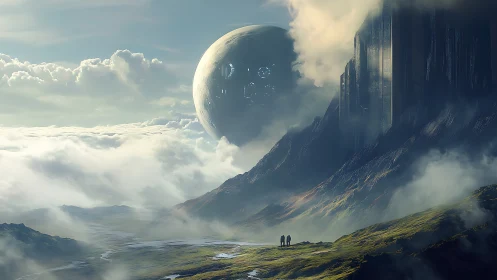 Colossal alien sphere rises above misty cliffs as travelers gaze