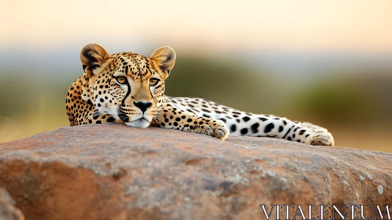 Sunlit cheetah rests calmly on warm African rocks at dusk