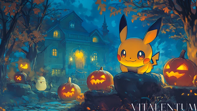 Pikachu sits among glowing jack o lanterns before mansion