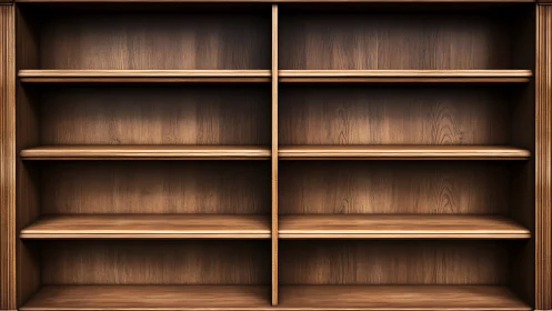Empty wooden bookshelf with symmetrical double column layout.