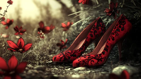 Red lace high heels amid glowing fantasy wildflowers.