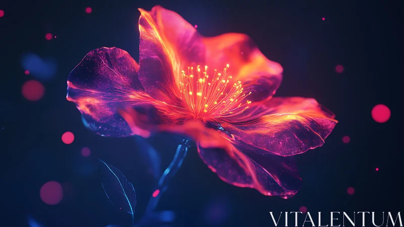 Luminous digital flower with neon petals in dark space.