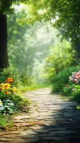Garden pathway with stone walkway beneath dappled green canopy and flowering borders