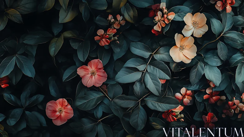 Moody Florals with Dark Teal Foliage and Coral Blooms.