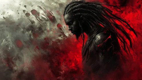 Warrior in crimson storm contemplates inner darkness.