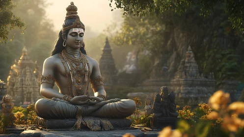 Serene stone deity meditating in lush sunrise temple garden