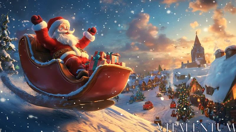 Joyful Santa glides above a glowing Christmas village at dusk