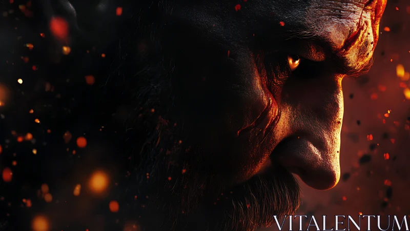 Cinematic 3D warrior profile amid embers and dramatic rim light.