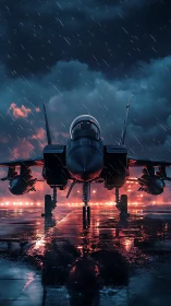 Stealth jet fighter on wet runway in stormy night rain.