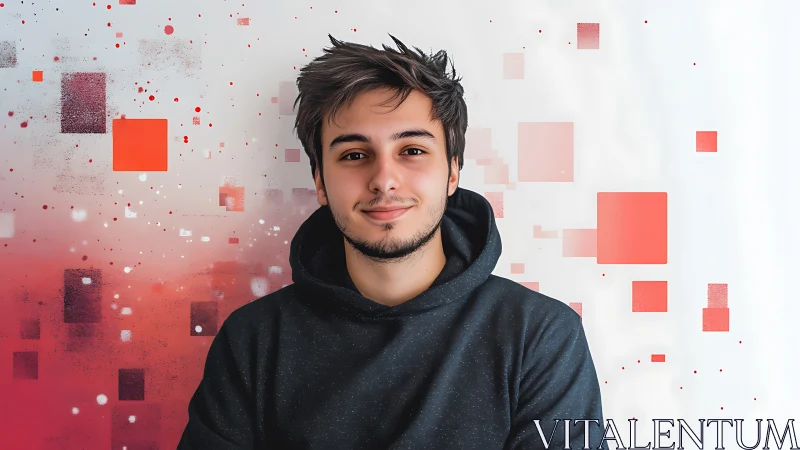 Calm young man smiles softly against bold red digital blocks