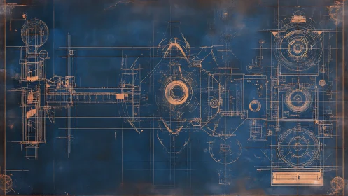 Clockwork cosmos blueprint on deep midnight blue canvas.