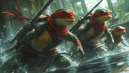 Red-masked turtle warriors charging through bright city waters.