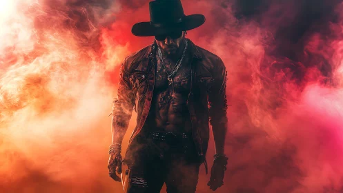 Cowboy figure stands in dense colored atmospheric smoke