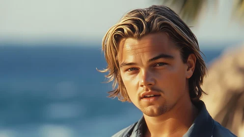 Young man with medium hair standing before ocean backdrop.