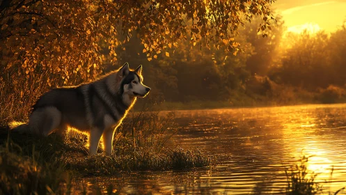 Siberian husky by autumn river in low angle golden backlight