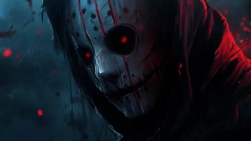 Hooded skull mask figure with glowing red eyes at night.