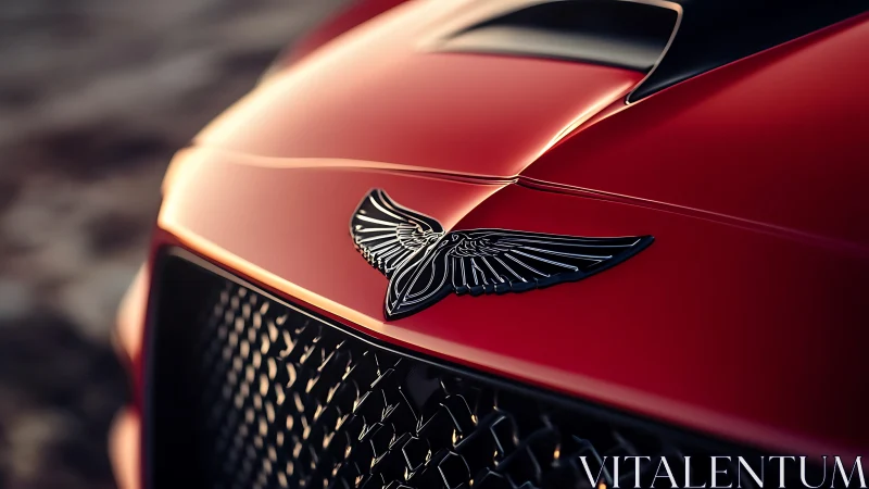 Red luxury car hood emblem gleams in cinematic sunset light