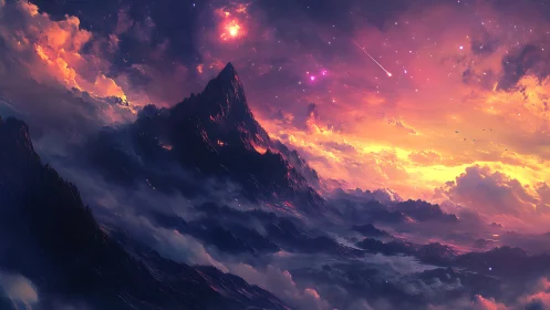 Celestial twilight engulfs a jagged mountain above glowing clouds