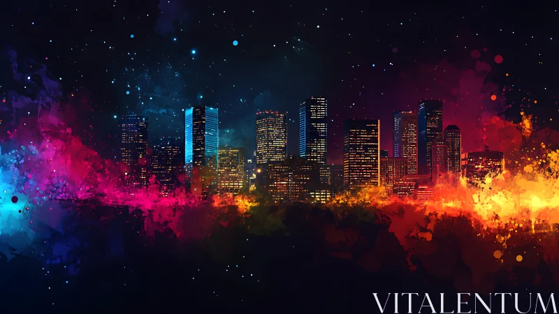 Color-soaked night city skyline glowing under starlight.