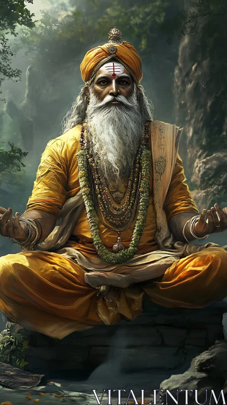 Mystic sage levitates in forest, draped in saffron robes.