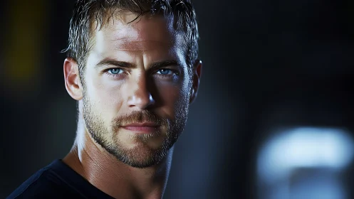 Intense close up portrait of man with blue eyes in shadow