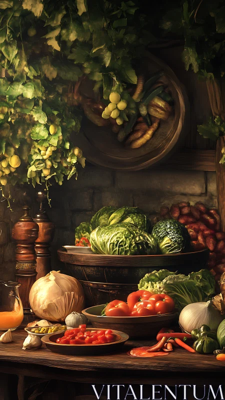 Rustic still-life of market vegetables under warm diffuse light.