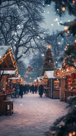 Snowy outdoor Christmas market with lit stalls and tree