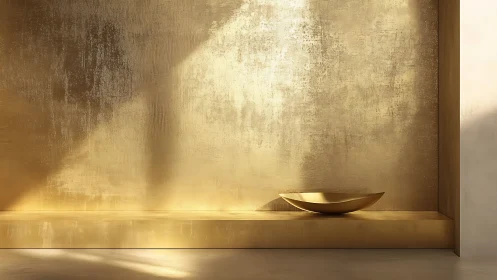 Minimalist golden niche with sculptural metallic bowl