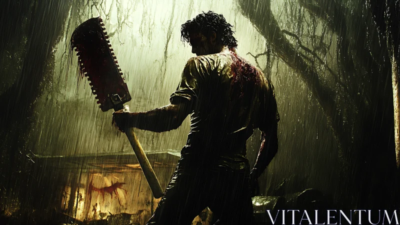 Silhouetted man holds bloody chainsaw in dense rainy forest