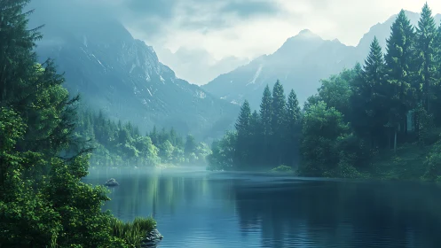 Atmospheric alpine lake with diffuse volumetric mountain haze.