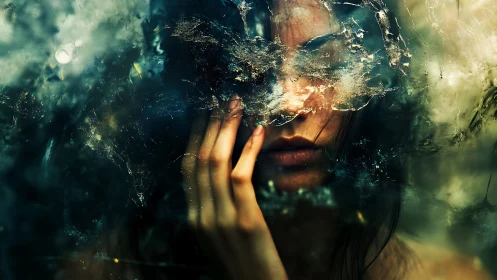 Softly hidden face rests behind misted, dreamlike glass veil