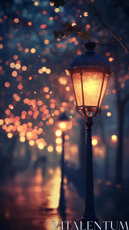 Cozy lamplight guiding a dreamy walk through rainy dusk.