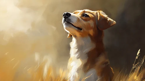 Golden light on attentive dog in painterly meadow scene.