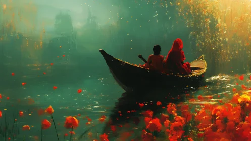 Gondola Among Red Flowers in Mystical Emerald Waters