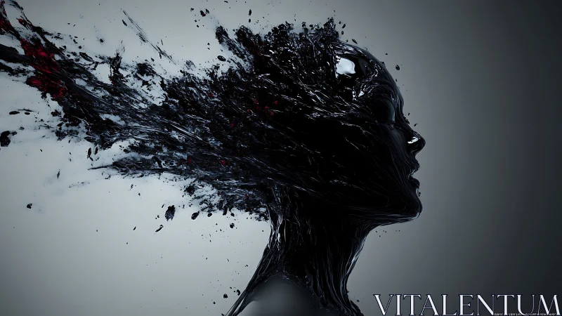 Liquid black profile erupts into dynamic abstract shards