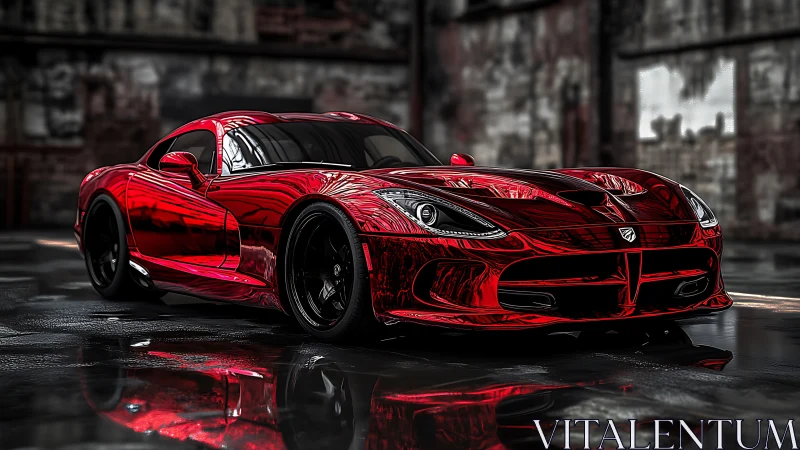 Red sports coupe is rendered in a reflective industrial space