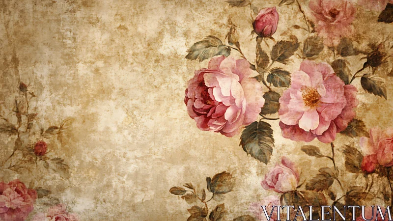 Aged floral mural depicts pink roses on distressed sepia ground