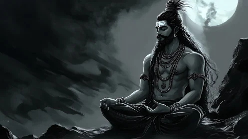 Moonlit yogi in deep Himalayan meditation at peace.