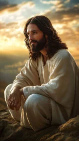 Serene robed figure on rocky ledge in warm sunset light.