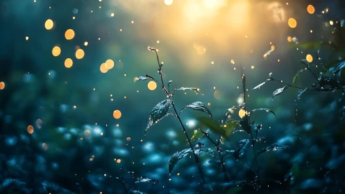 Firefly echoes shimmer through dew-lit forest leaves at dusk