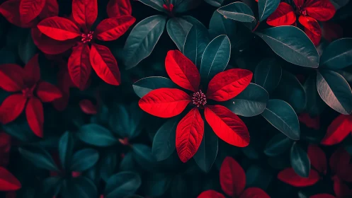 Macro close-up of red tropical foliage with teal-toned leaves