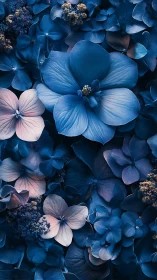 Blue Hydrangea Garden with Golden Accents and Soft Pink Blooms