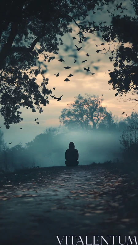 Solitary hooded figure on misty woodland path at dusk