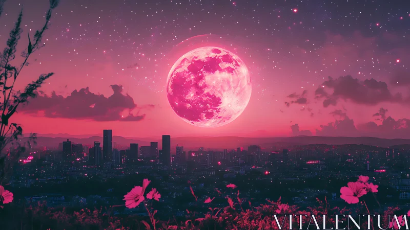 Hyper-saturated magenta moonrise dominates stylized nocturnal skyline