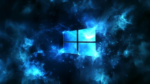 Glowing blue window logo drifts in a cosmic digital nebula